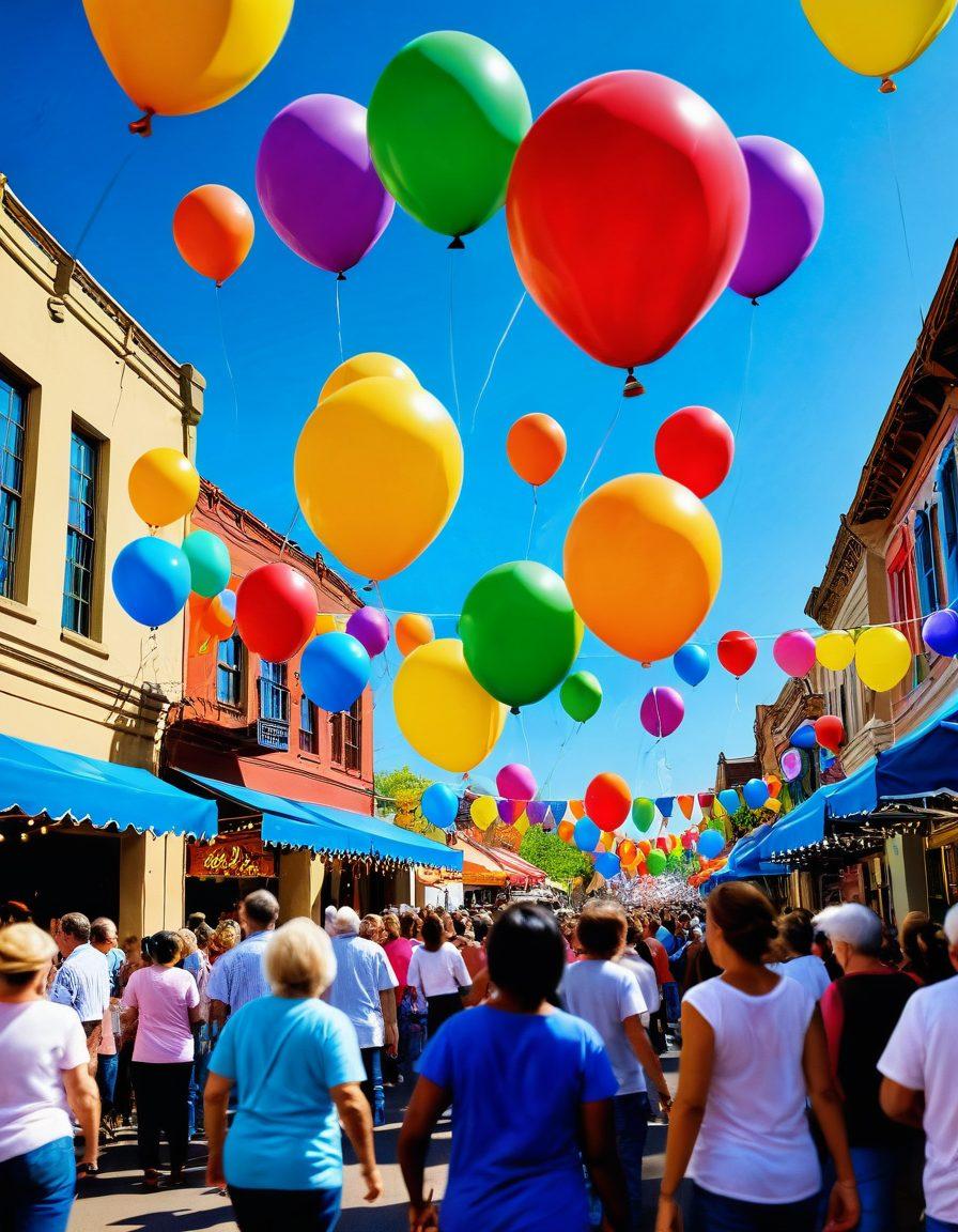 A colorful and festive scene showcasing people of all ages engaging in various joyful activities like dancing, playing games, and enjoying delicious foods at a vibrant festival. Include balloons, banners, and a cheerful atmosphere with people laughing and having fun, set against a bright blue sky. Ensure a diverse group of individuals representing different cultures. super-realistic. vibrant colors. lively composition.