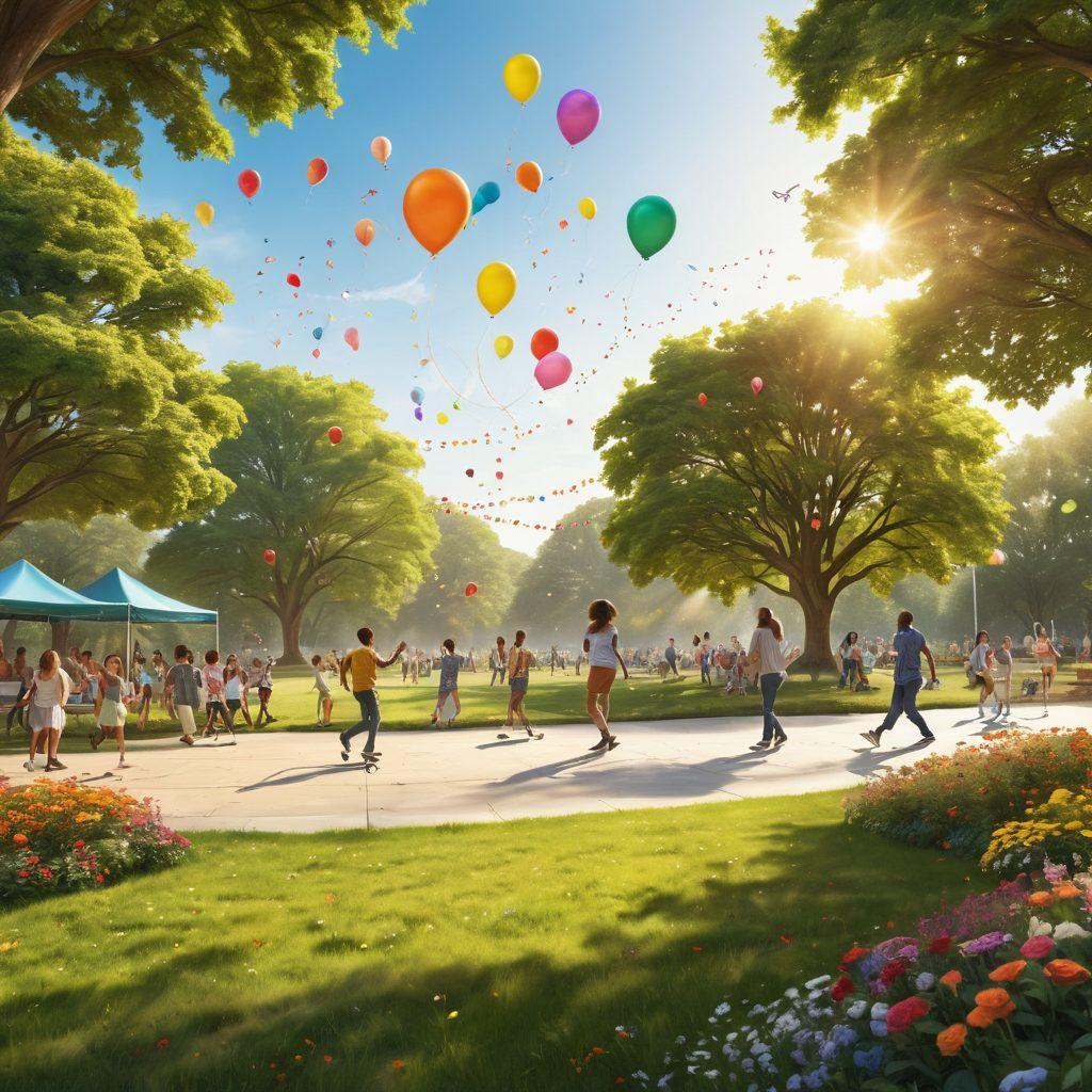 A vibrant park scene bustling with diverse young people joyfully engaging in various dynamic activities like skateboarding, dancing, and picnicking. Bright colors of nature and smiles radiate happiness, with balloons and kites flying in the background. Include elements that depict a lively atmosphere, such as musical notes and sunshine. Super-realistic. Bright and colorful. White background.