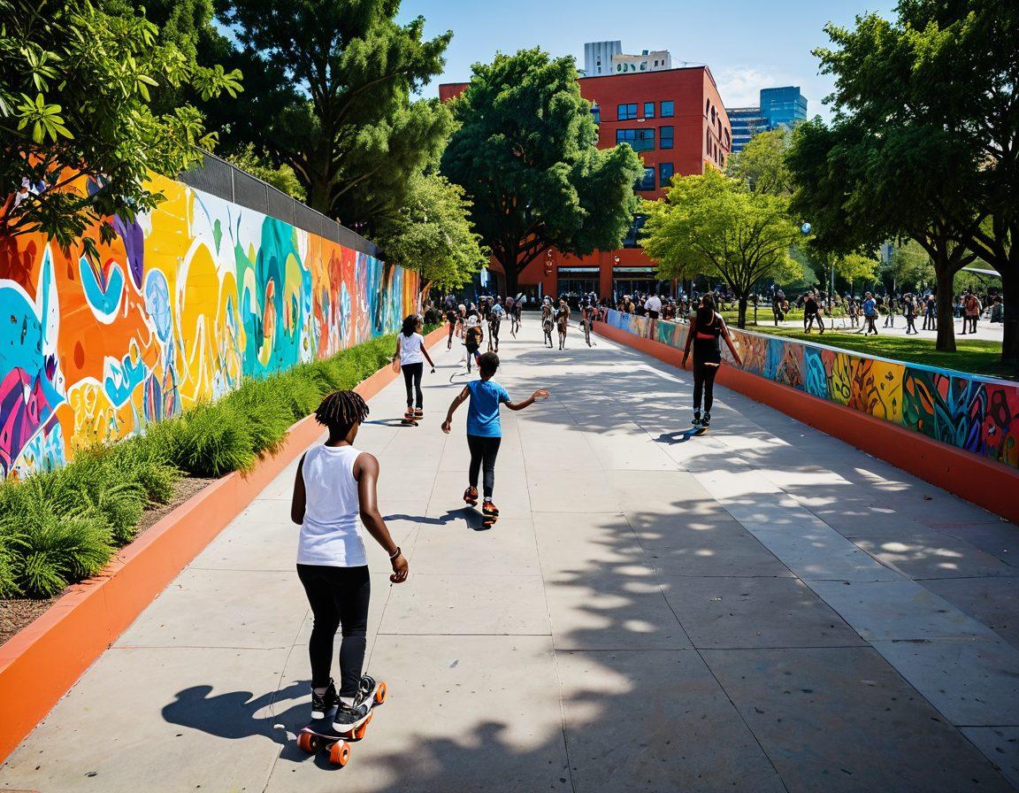 A dynamic scene depicting diverse groups of enthusiastic young people engaging in various recreational activities such as rollerblading, skateboarding, and painting murals in a vibrant urban park. Include colorful decorations, smiles, and a hint of playful chaos, representing joy and togetherness. The background should showcase greenery and modern city architecture. use bright colors and an energetic atmosphere. super-realistic. vibrant colors. 3D.